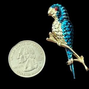 Vintage Blue Enamel Parrot Bird Brooch Pin Gold Tone